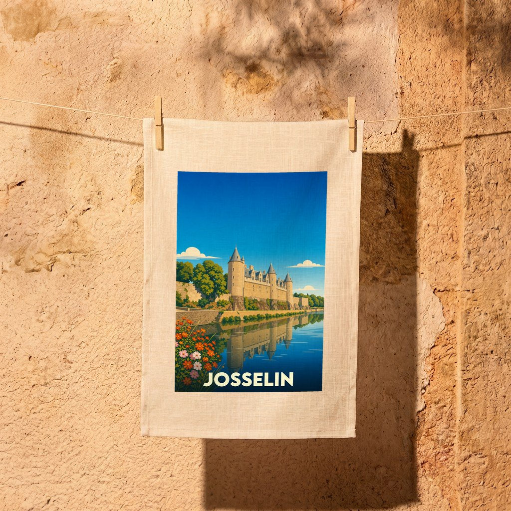 Torchon souvenir de la ville de Josselin illustrant son château au bord de l'eau.