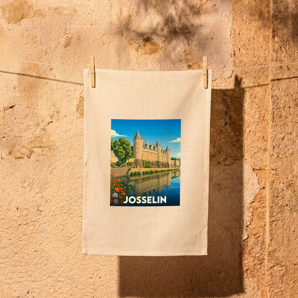 Torchon souvenir de la ville de Josselin illustrant son château au bord de l'eau.