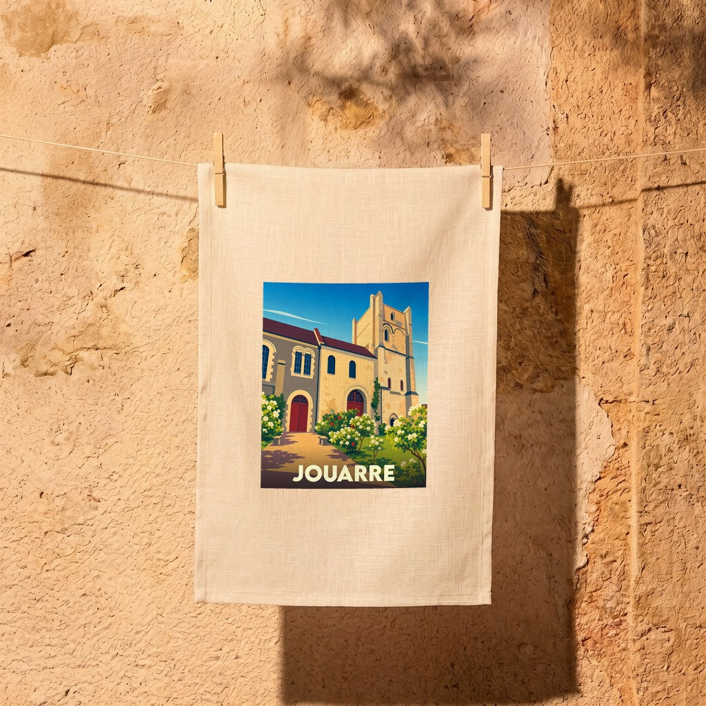 Torchon souvenir de la ville de Jouarre avec une illustration stylisée de son patrimoine.