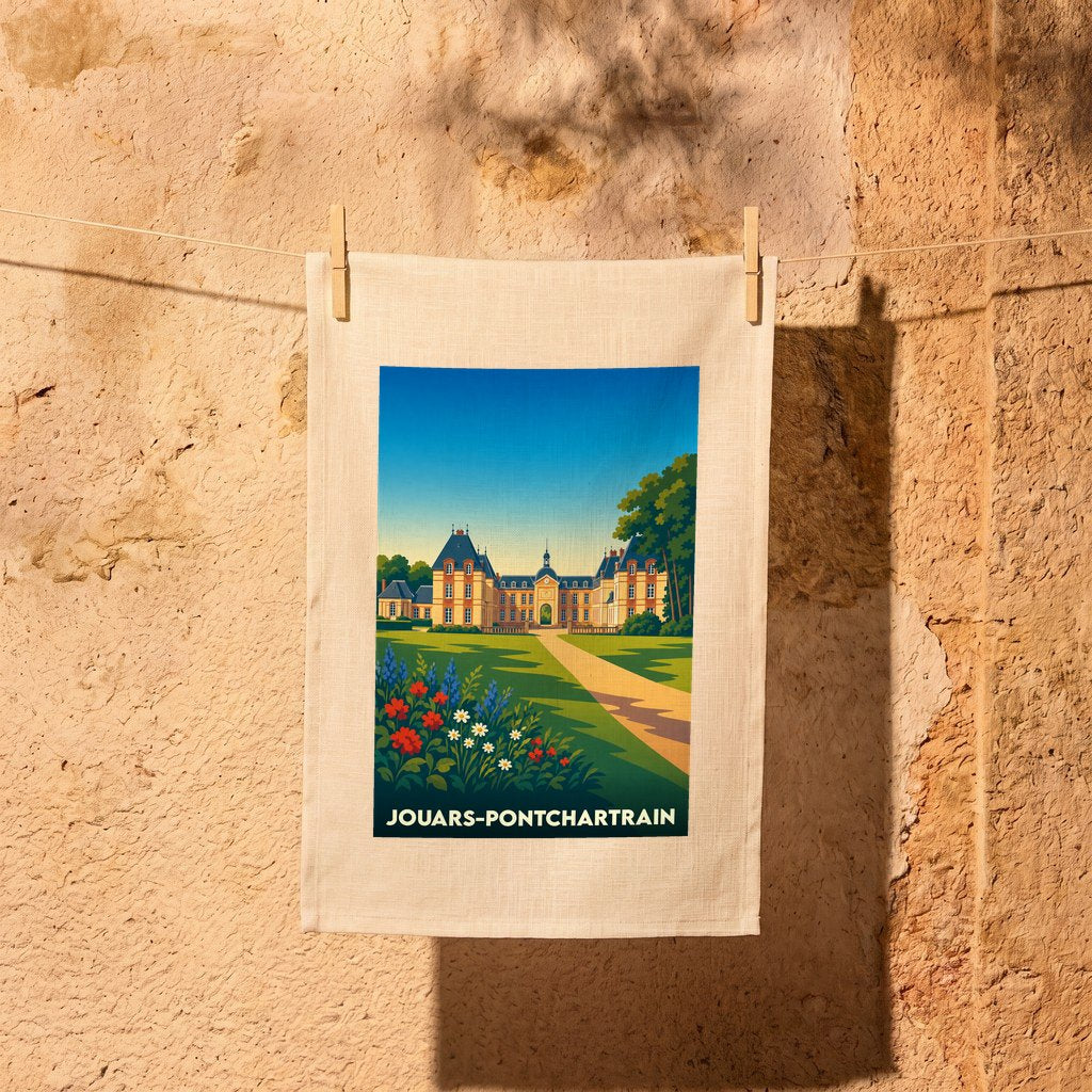 Torchon souvenir de la ville de Jouars-Pontchartrain illustrant son château dans un style vintage.