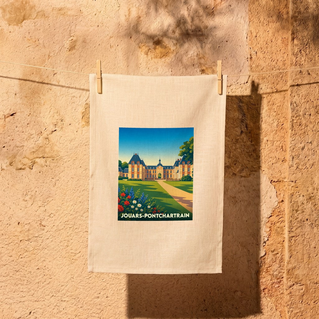 Torchon souvenir de la ville de Jouars-Pontchartrain illustrant son château dans un style vintage.