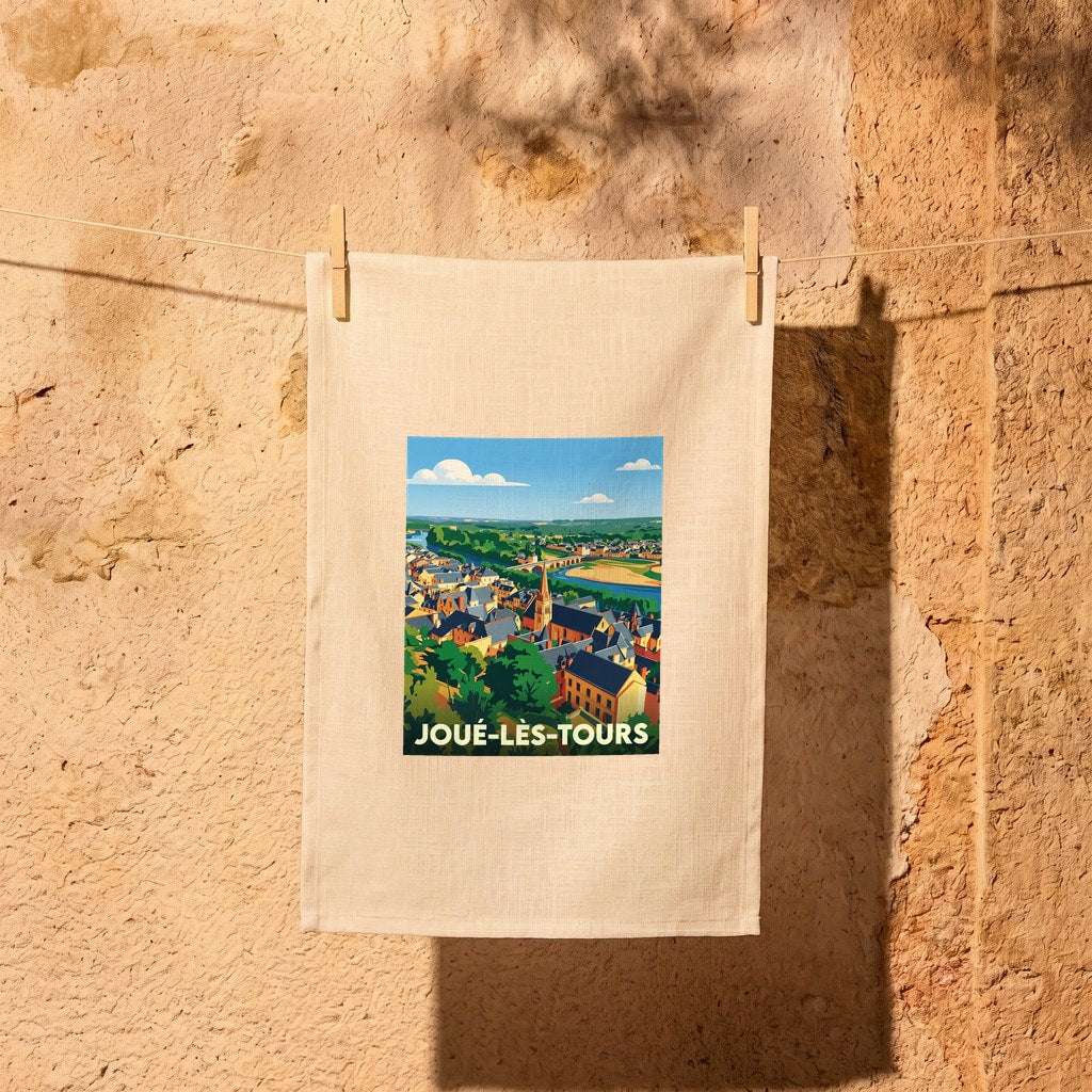 Torchon souvenir de la ville de Joué-lès-Tours avec une illustration stylisée de ses paysages.