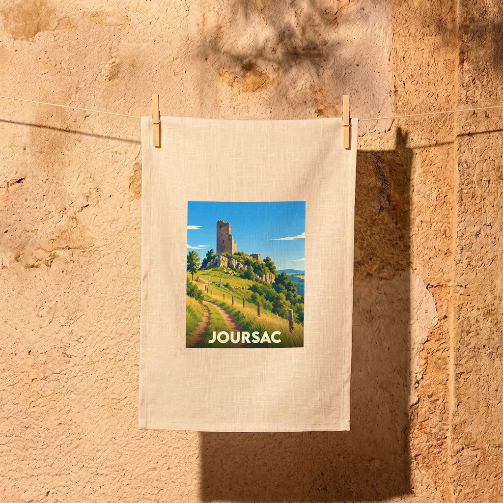 Torchon souvenir de la ville de Joursac avec une illustration stylisée d'un château médiéval.