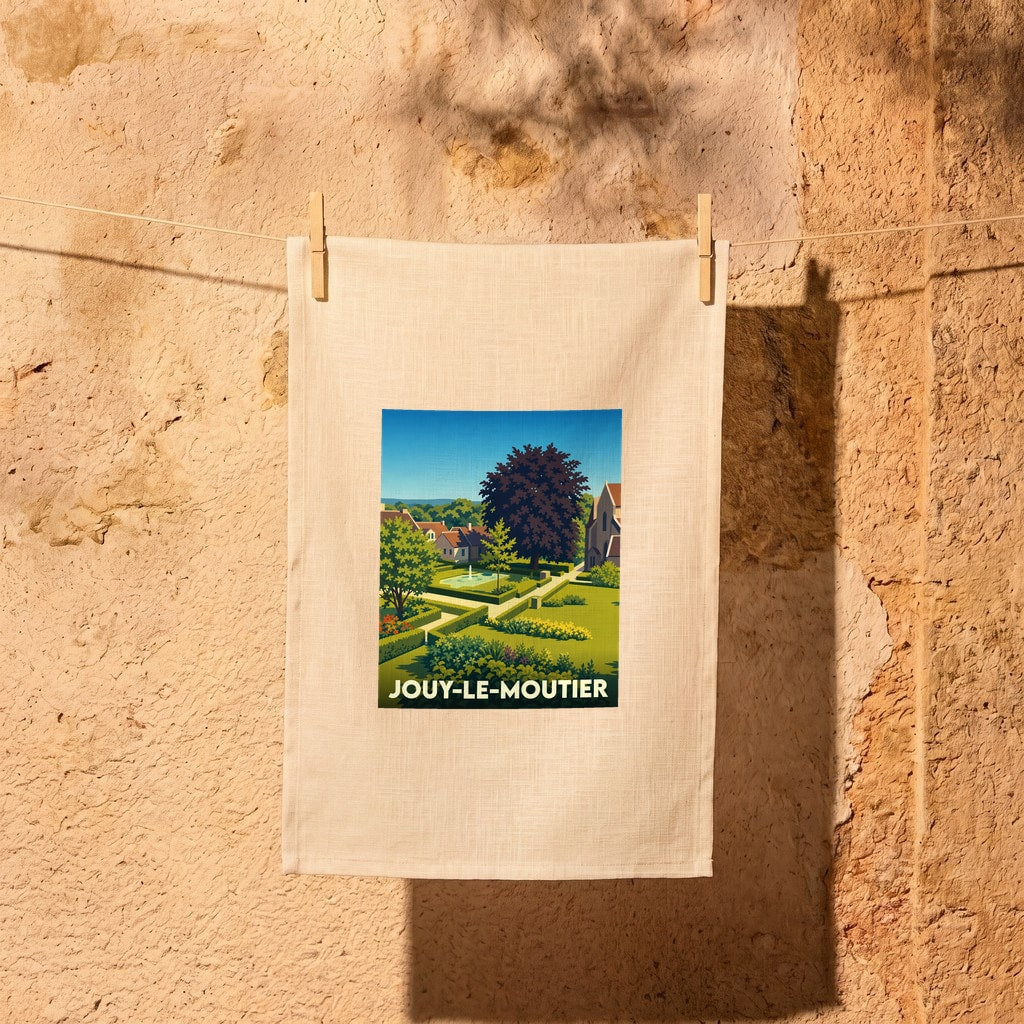 Torchon souvenir de la ville de Jouy-le-Moutier avec une illustration stylisée.