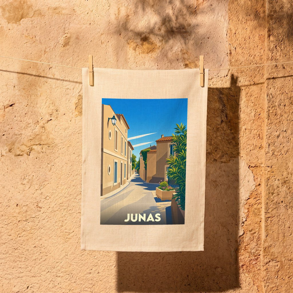 Torchon souvenir de la ville de Junas avec une illustration stylisée d'une rue ensoleillée.