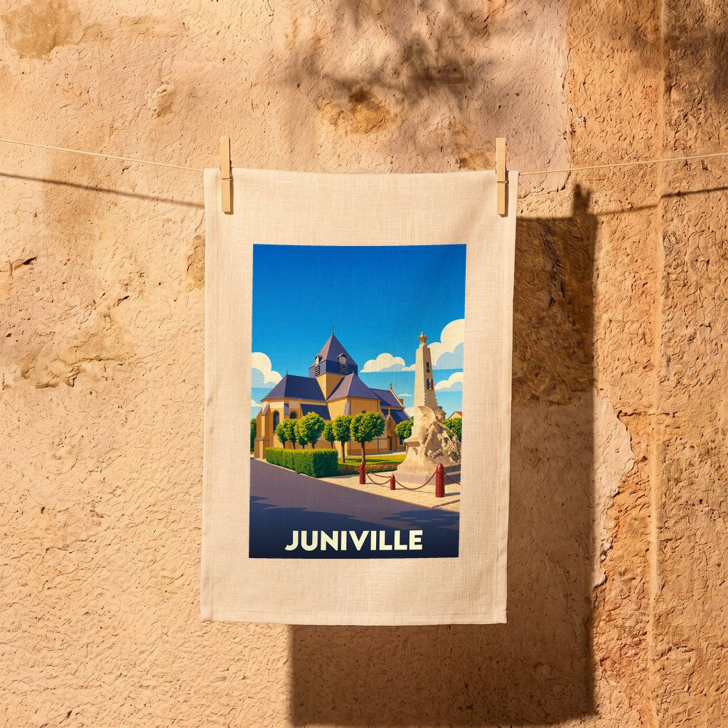 Torchon souvenir de la ville de Juniville avec une illustration stylisée.