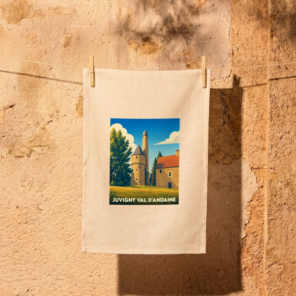 Torchon souvenir de Juvigny Val d'Andaine avec une illustration stylisée d'un château et de sa tour.