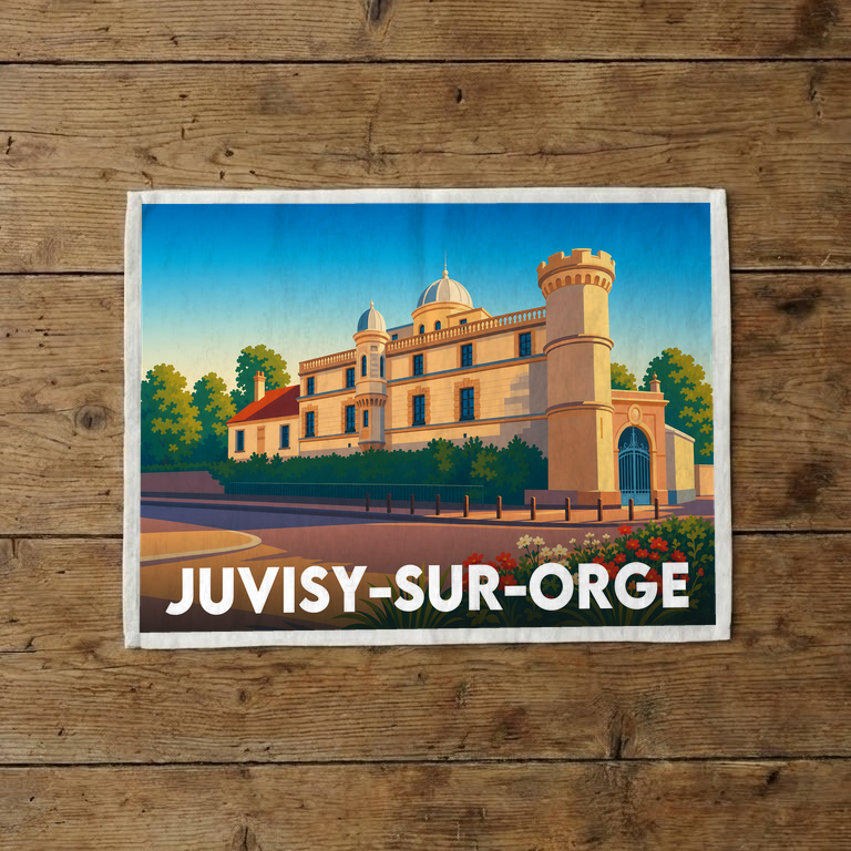 Torchon souvenir de la ville de Juvisy-sur-Orge avec une illustration stylisée.