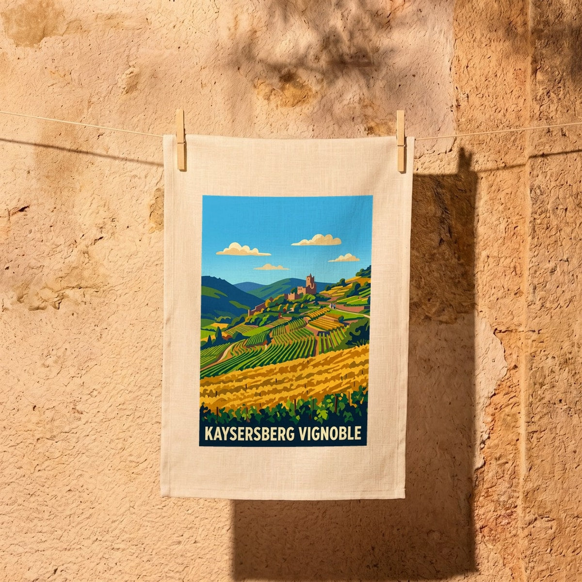Torchon souvenir de Kaysersberg Vignoble avec une illustration stylisée de ses vignobles et de son château.