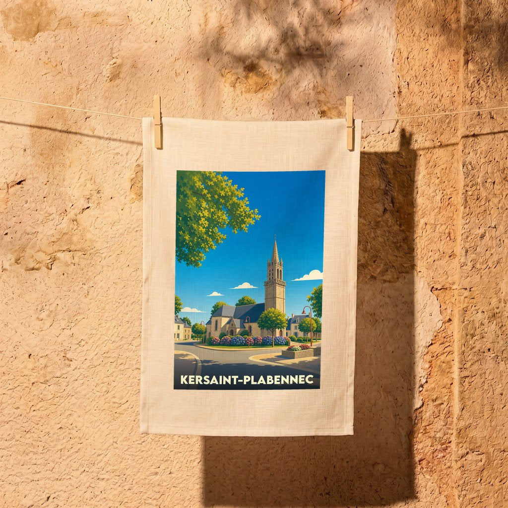 Torchon souvenir de la ville de Kersaint-Plabennec avec une illustration stylisée de son église.