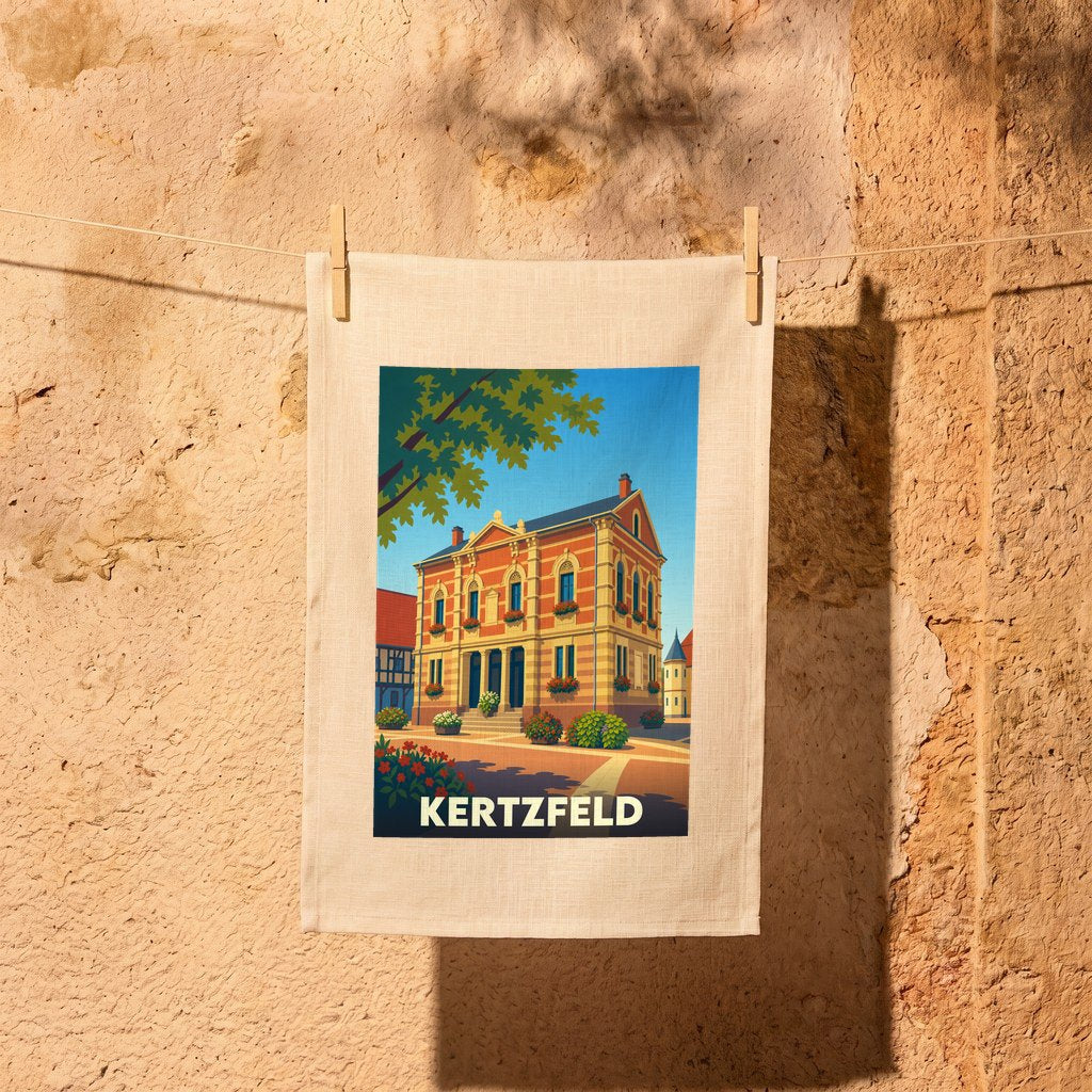 Torchon souvenir de la ville de Kertzfeld avec une illustration stylisée d'un bâtiment historique.