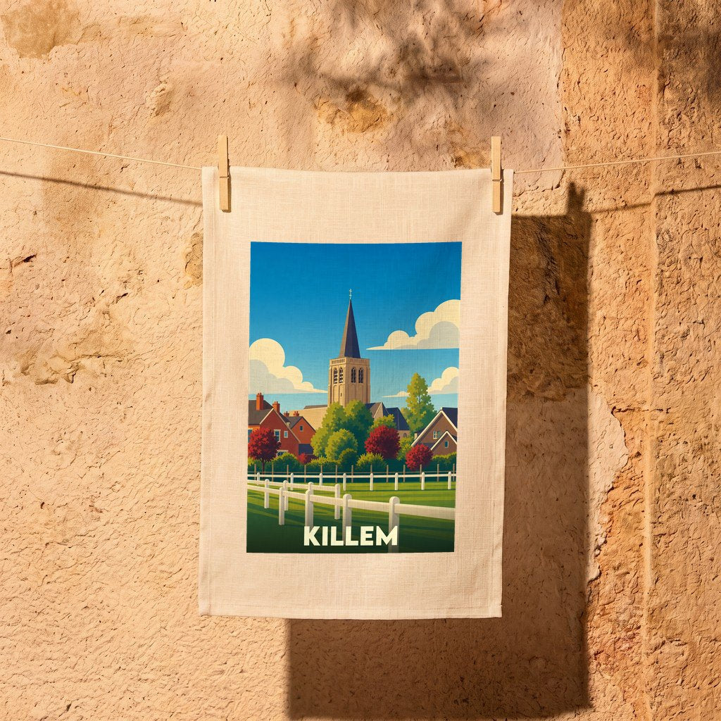 Torchon souvenir de la ville de Killem illustré d'une vue stylisée sur son église et ses paysages.
