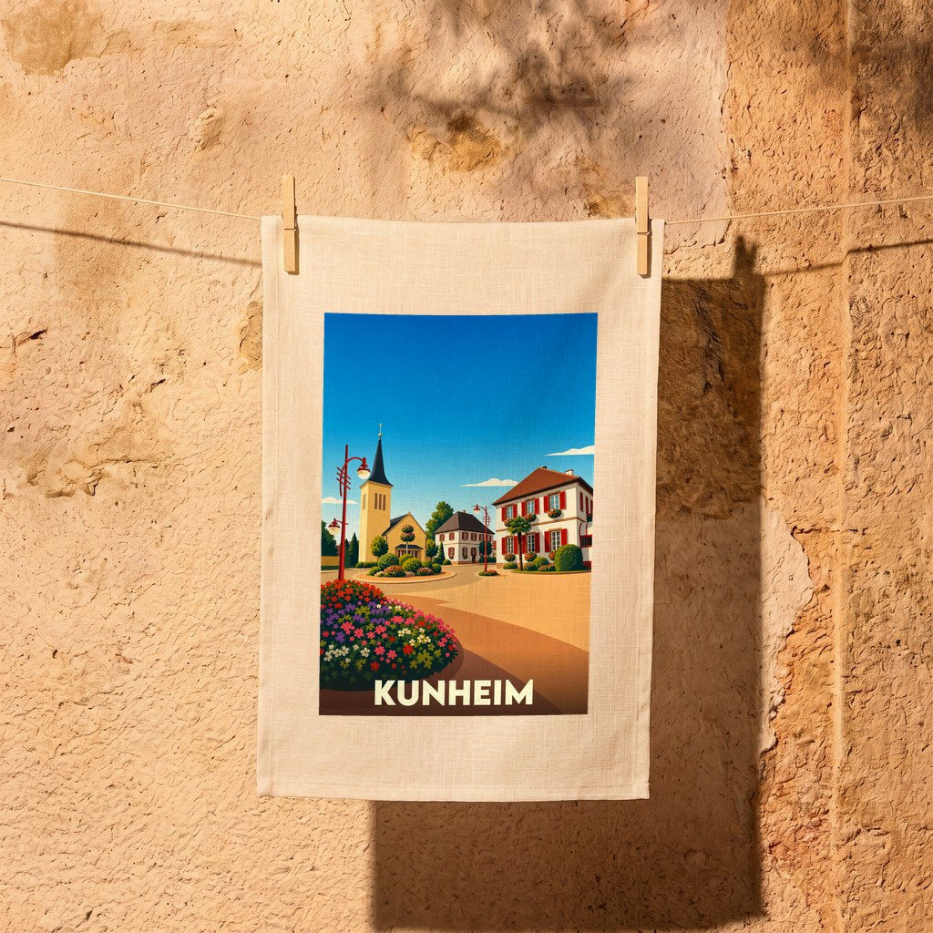 Torchon souvenir de la ville de Kunheim avec une illustration stylisée.