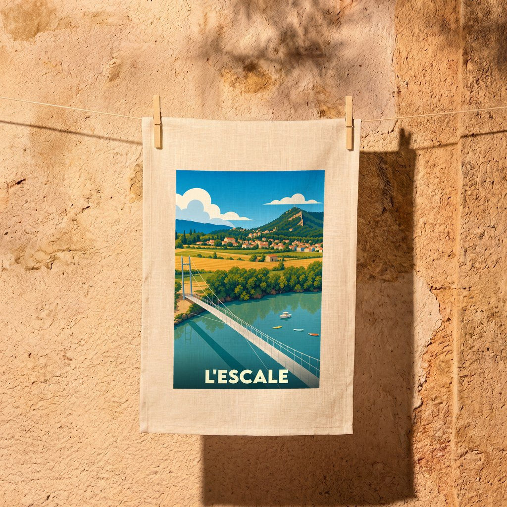 Torchon souvenir de la ville de L'Escale illustré d'un paysage stylisé avec un pont suspendu.