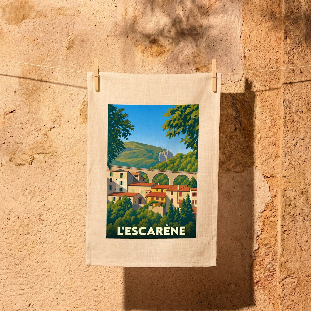 Torchon souvenir de la ville de L'Escarène avec une illustration stylisée.