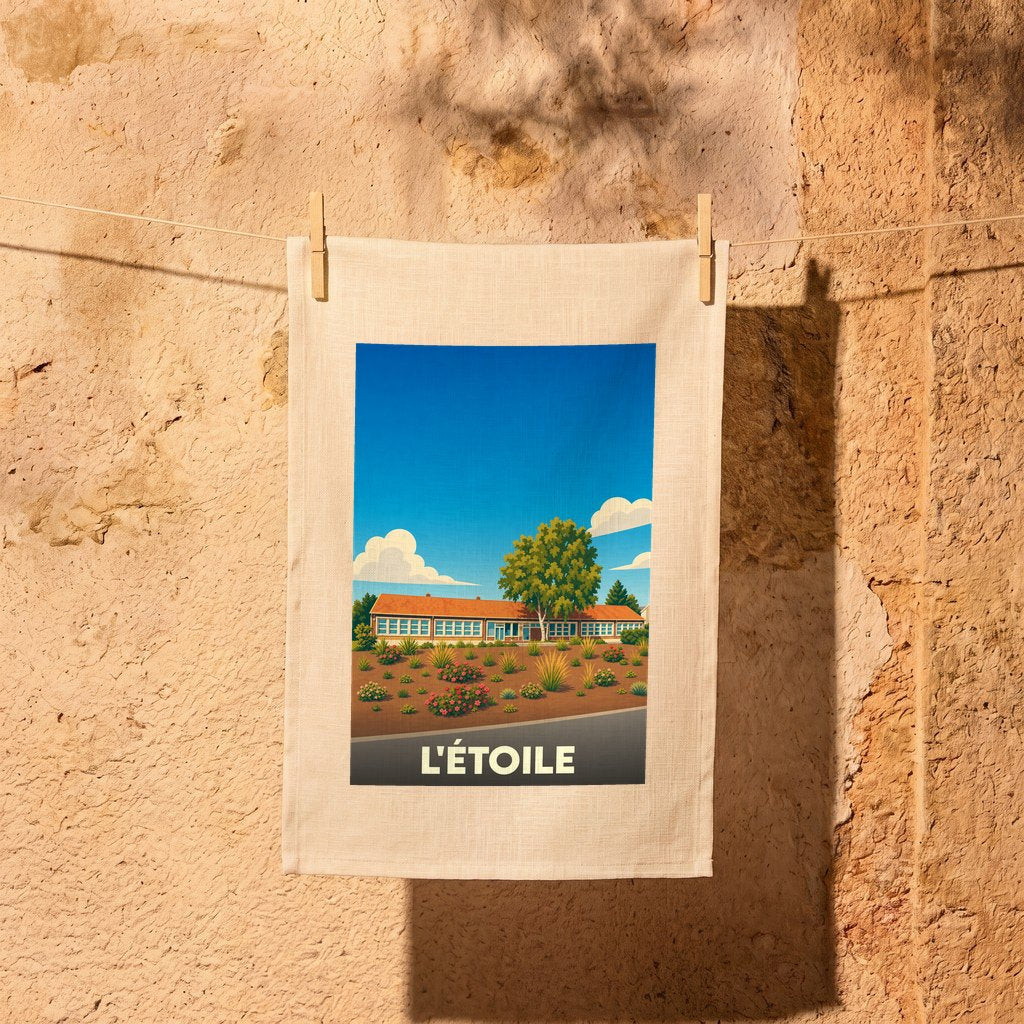 Torchon souvenir de la ville de L'Étoile avec une illustration stylisée d'un bâtiment paysagé.