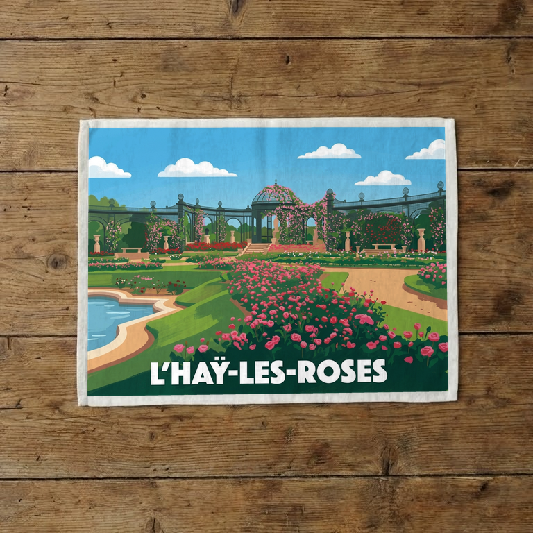 Torchon souvenir de la ville de L'Haÿ-les-Roses avec une illustration stylisée de sa célèbre roseraie.