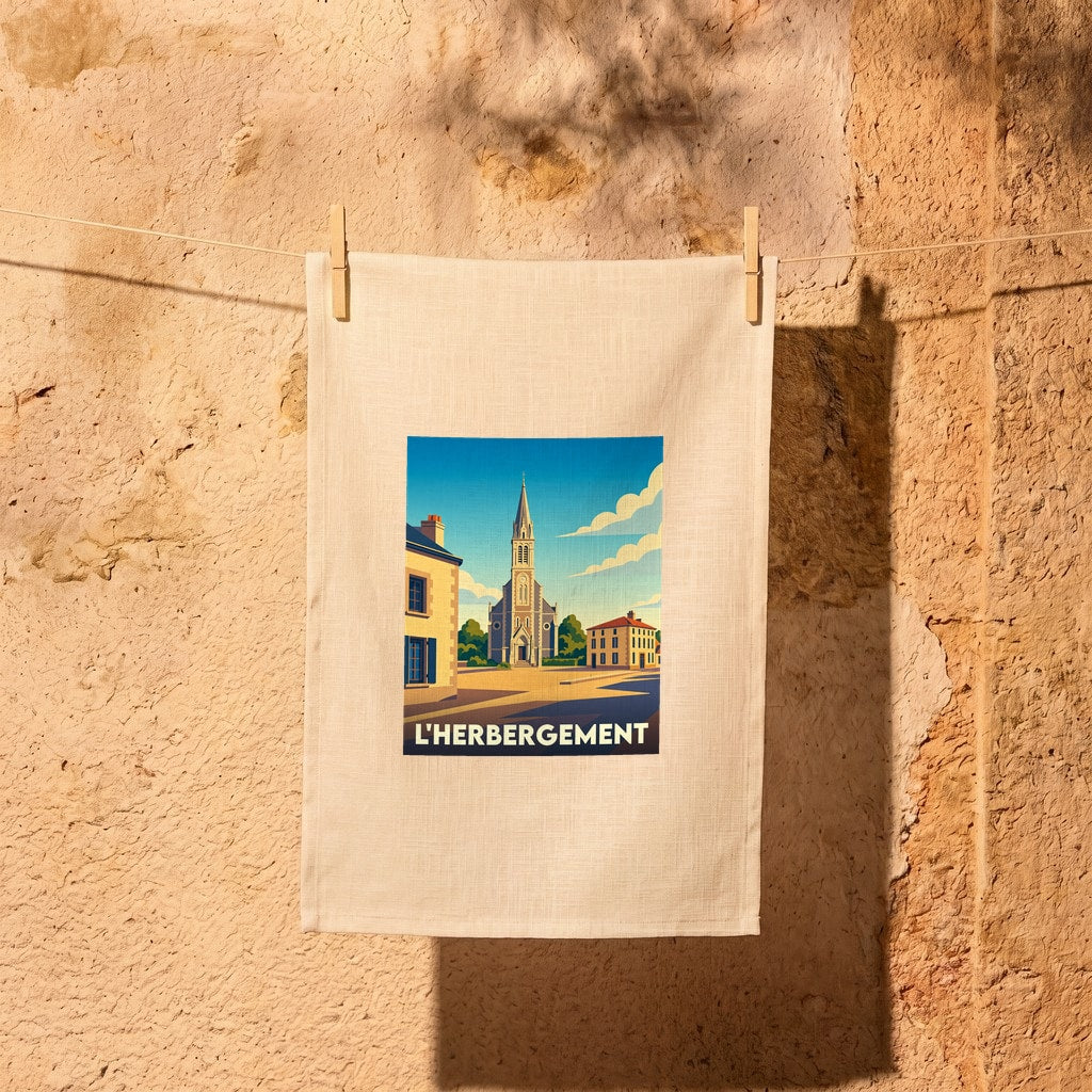 Torchon souvenir de la ville de L'Herbergement avec une illustration stylisée d'une place de village et son église.