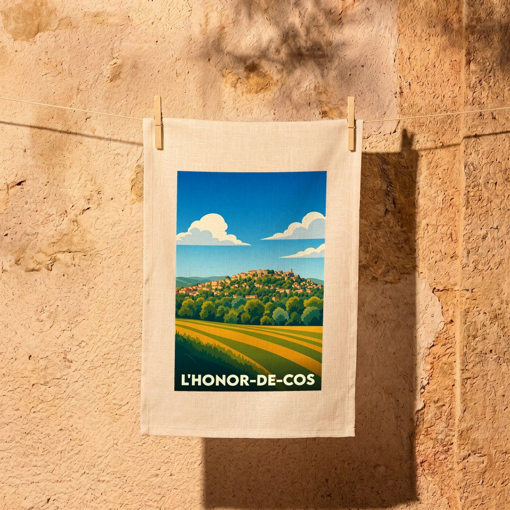 Torchon souvenir de la ville de L'Honor-de-Cos avec une illustration stylisée de paysages vallonnés.
