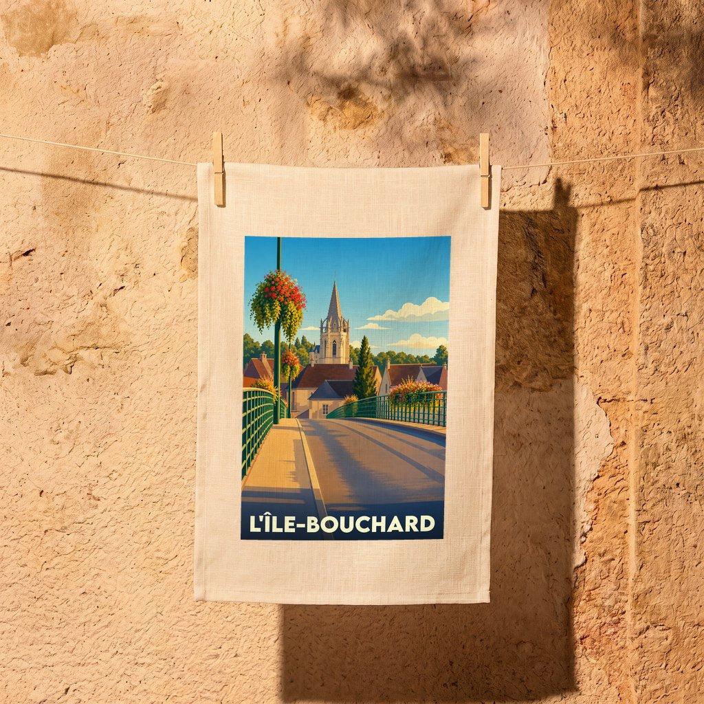 Torchon souvenir de la ville de L'Île-Bouchard illustré d'une vue stylisée du pont et de l'église sous un ciel ensoleillé.