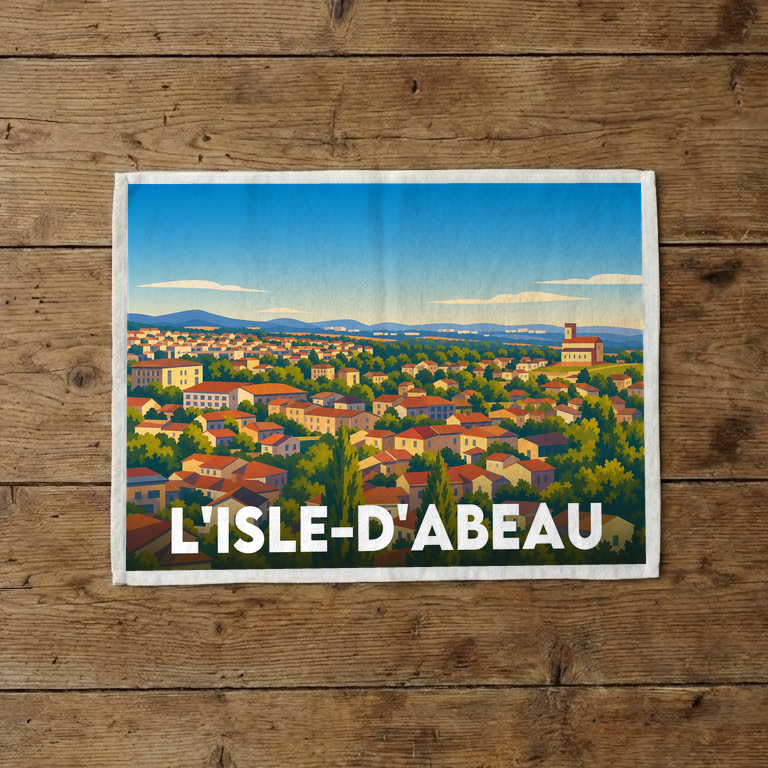 Torchon souvenir de la ville de L'Isle-d'Abeau orné d'une illustration stylisée de son paysage urbain.