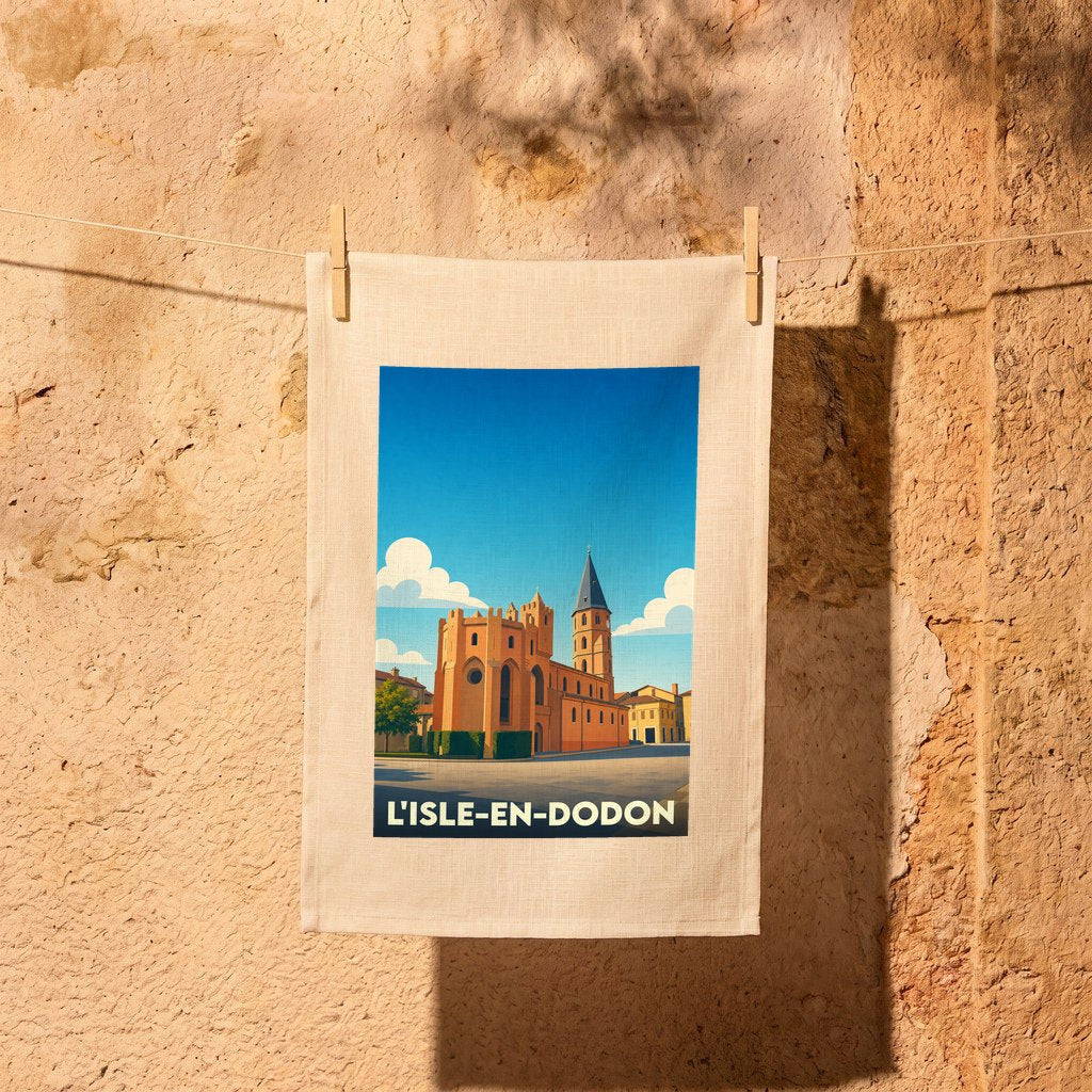 Torchon souvenir de la ville de L'Isle-en-Dodon avec une illustration stylisée de son église fortifiée.