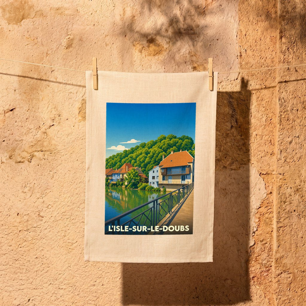 Torchon souvenir de la ville de L'Isle-sur-le-Doubs avec une illustration stylisée de maisons au bord de l'eau.