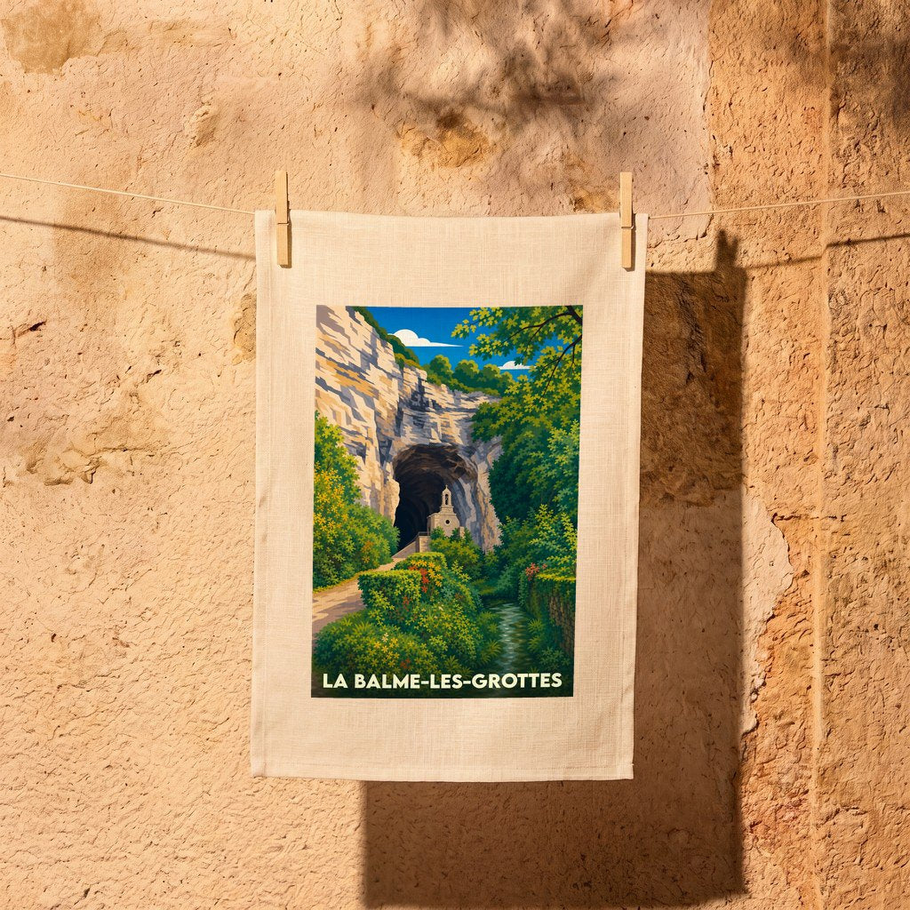 Torchon souvenir de La Balme-les-Grottes avec une illustration stylisée de ses grottes emblématiques.