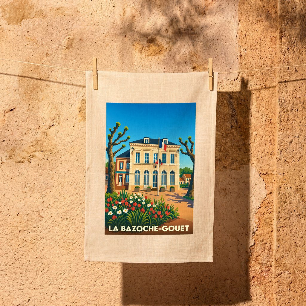 Torchon souvenir de la ville de La Bazoche-Gouet avec une illustration stylisée de sa mairie.