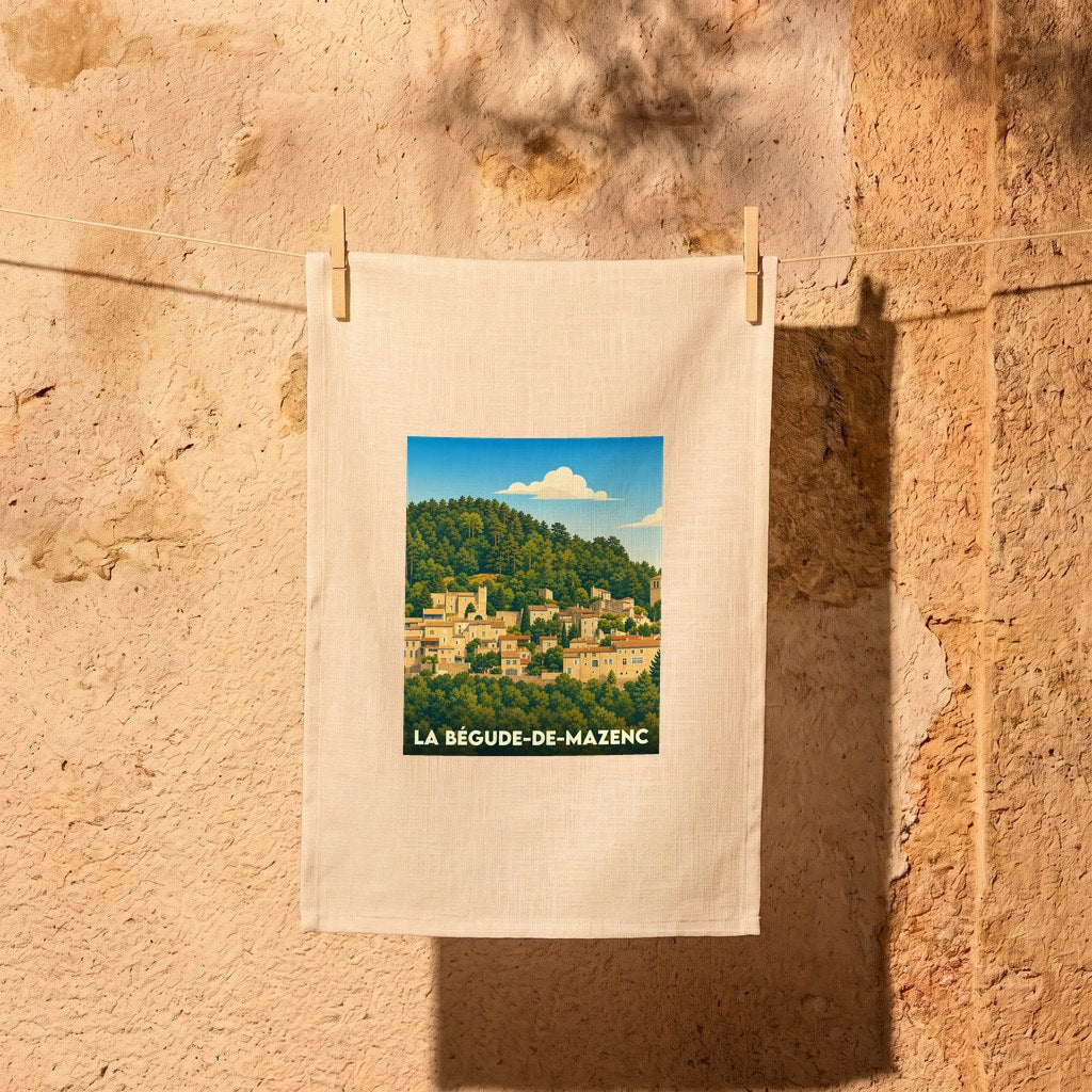 Torchon souvenir de la ville de La Bégude-de-Mazenc avec une illustration stylisée d'un village perché.