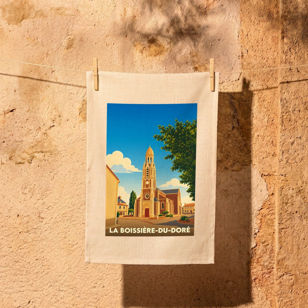 Torchon souvenir de la ville de La Boissière-du-Doré avec une illustration stylisée de son église.