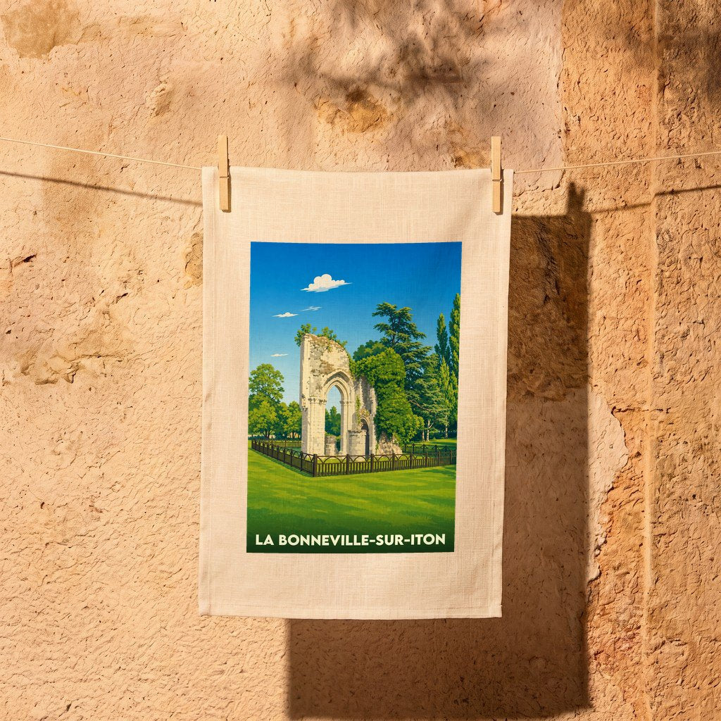 Torchon souvenir de la ville de La Bonneville-sur-Iton avec une illustration stylisée d'une abbaye en ruine.