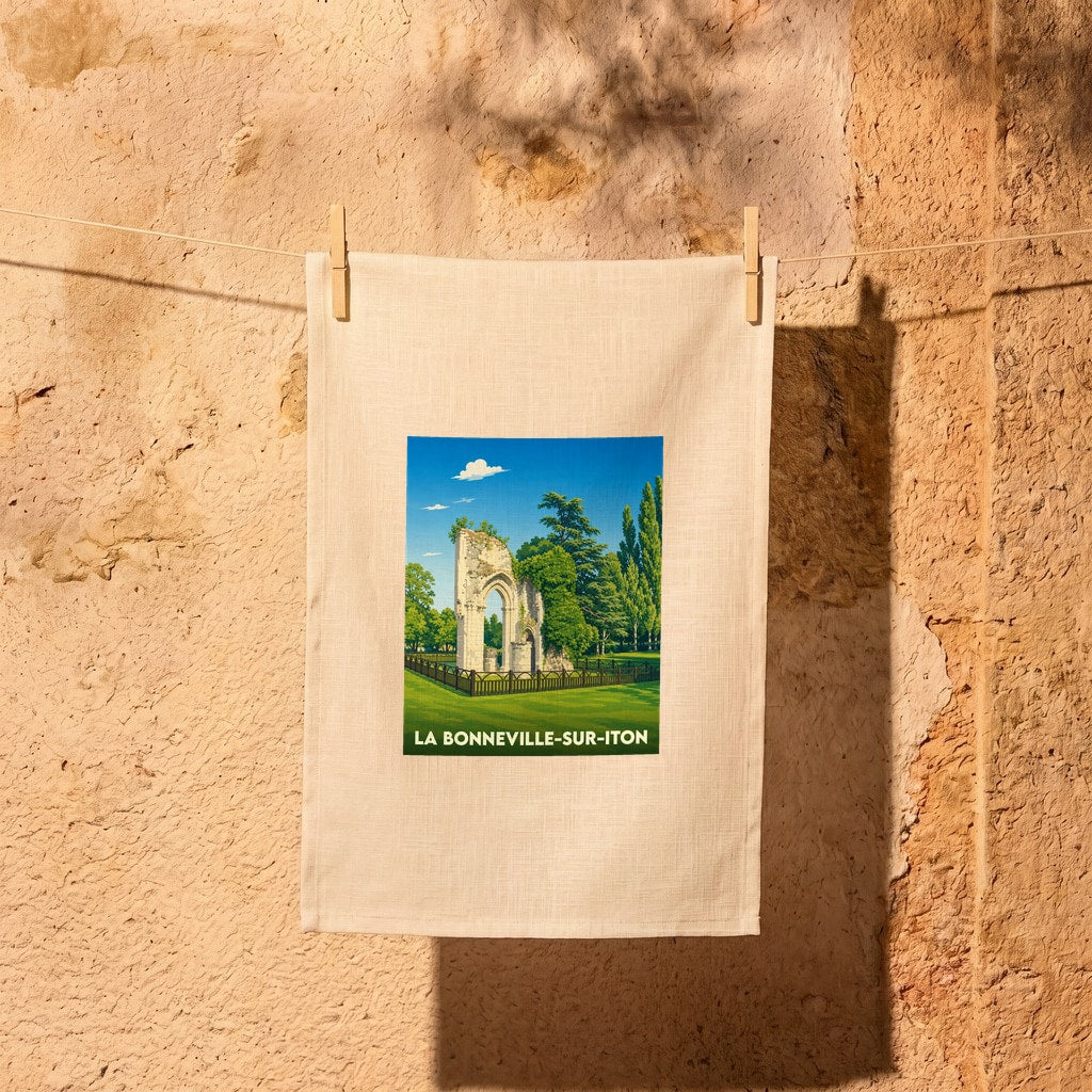 Torchon souvenir de la ville de La Bonneville-sur-Iton avec une illustration stylisée d'une abbaye en ruine.