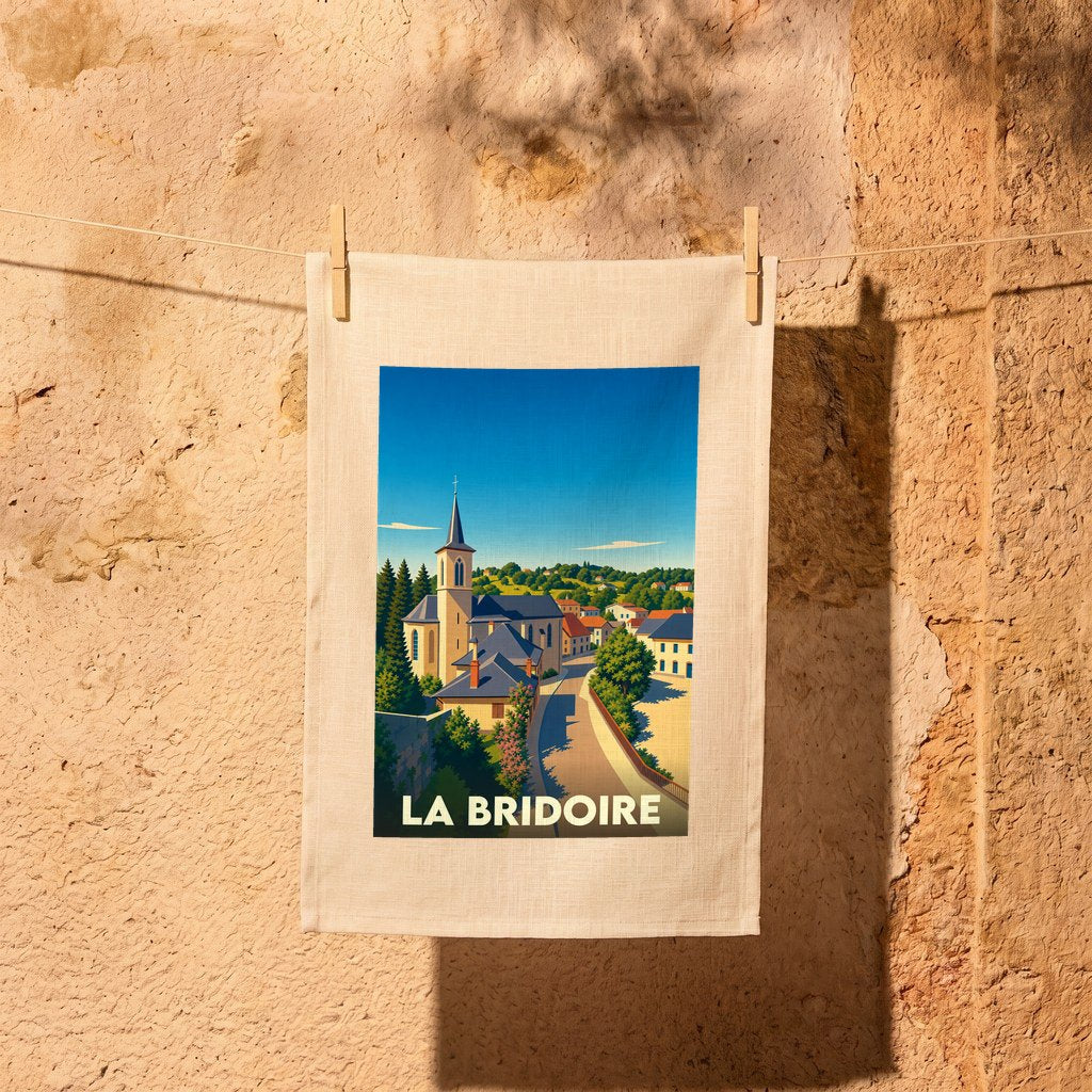 Torchon souvenir de la ville de La Bridoire avec une illustration stylisée.