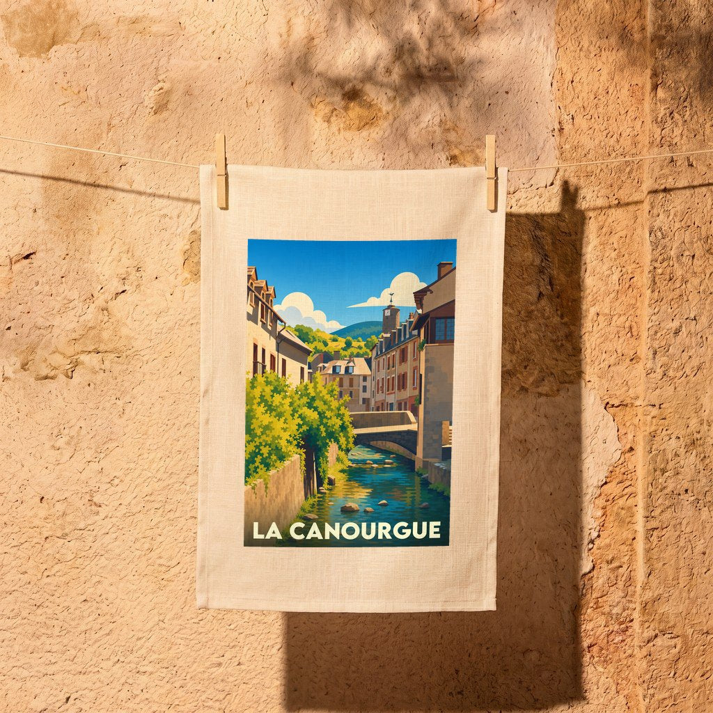 Torchon souvenir de la ville de La Canourgue avec une illustration stylisée d'un canal bordé de maisons.