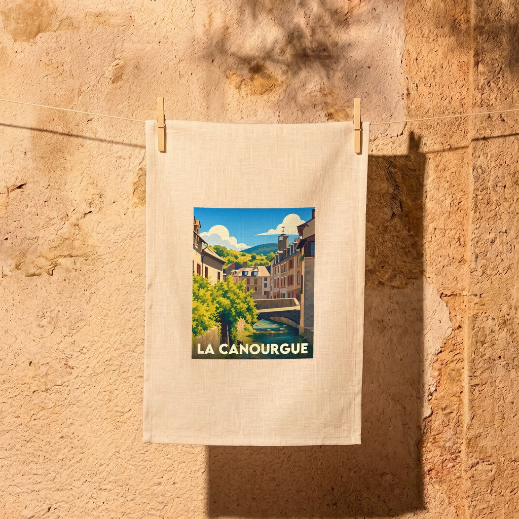 Torchon souvenir de la ville de La Canourgue avec une illustration stylisée d'un canal bordé de maisons.