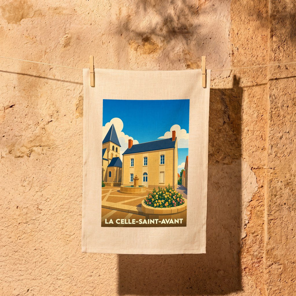 Torchon souvenir de la ville de La Celle-Saint-Avant avec une illustration stylisée.