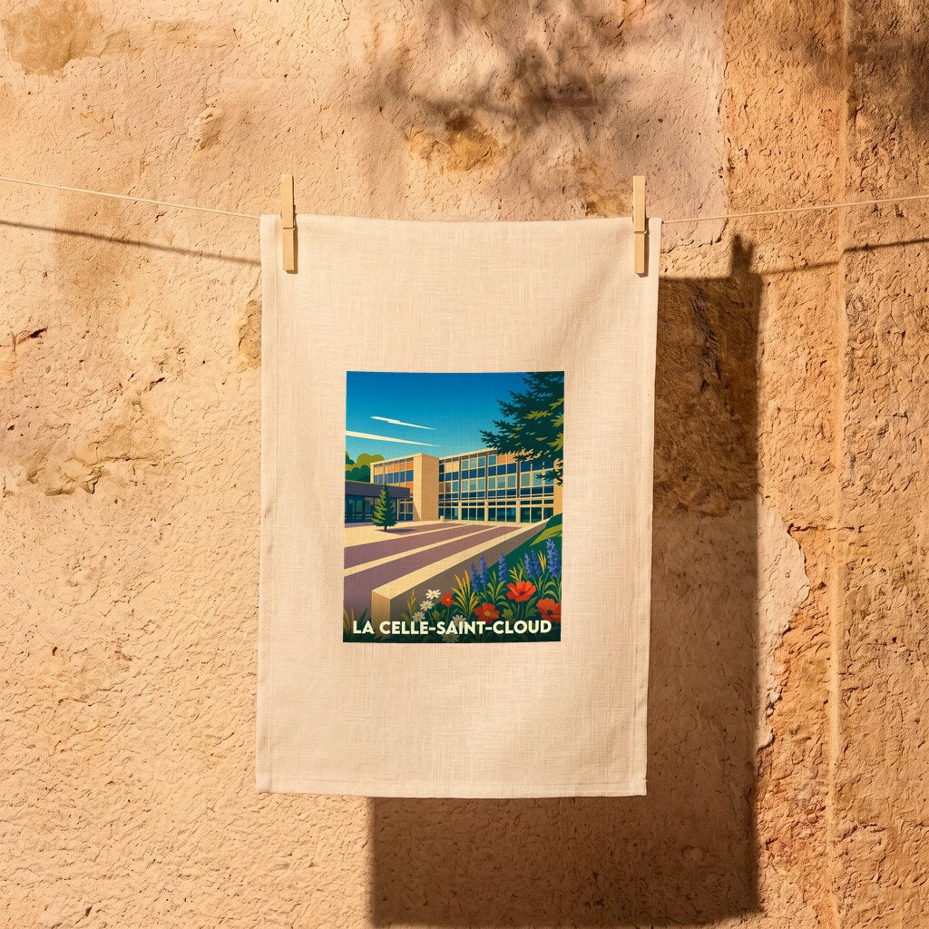Torchon souvenir de la ville de La Celle-Saint-Cloud avec une illustration stylisée.
