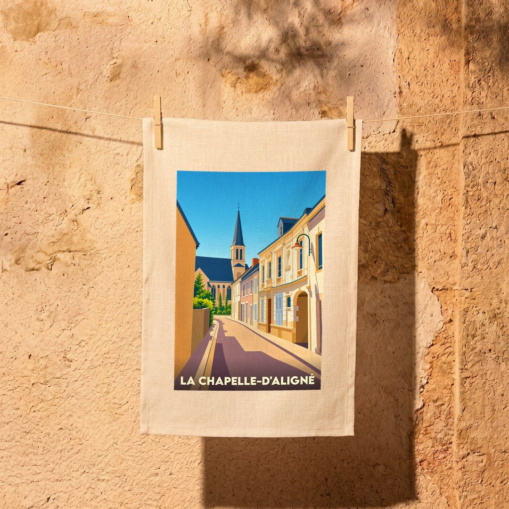 Torchon souvenir de la ville de La Chapelle-d'Aligné avec une illustration stylisée.