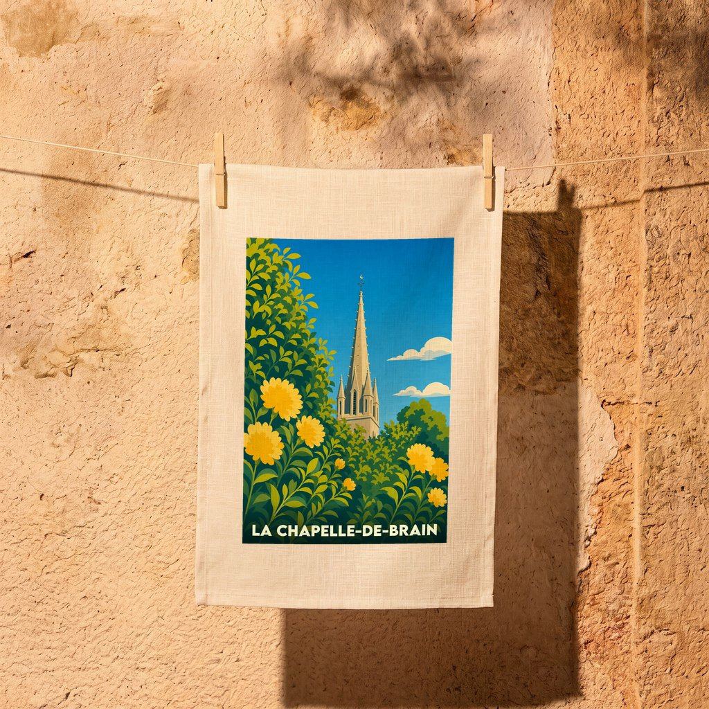 Torchon souvenir de la ville de La Chapelle-de-Brain illustré d'un clocher entouré de fleurs jaunes.