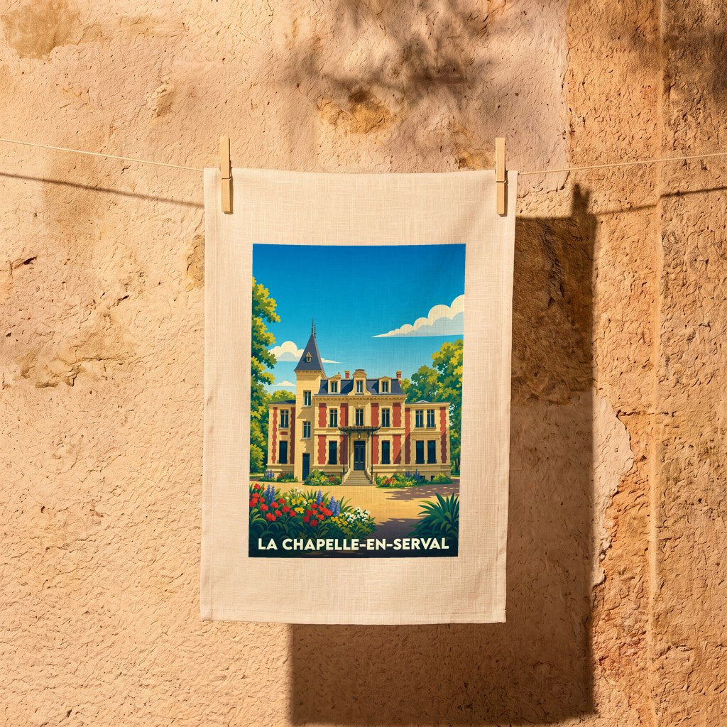 Torchon souvenir de la ville de La Chapelle-en-Serval avec une illustration stylisée d'un château.