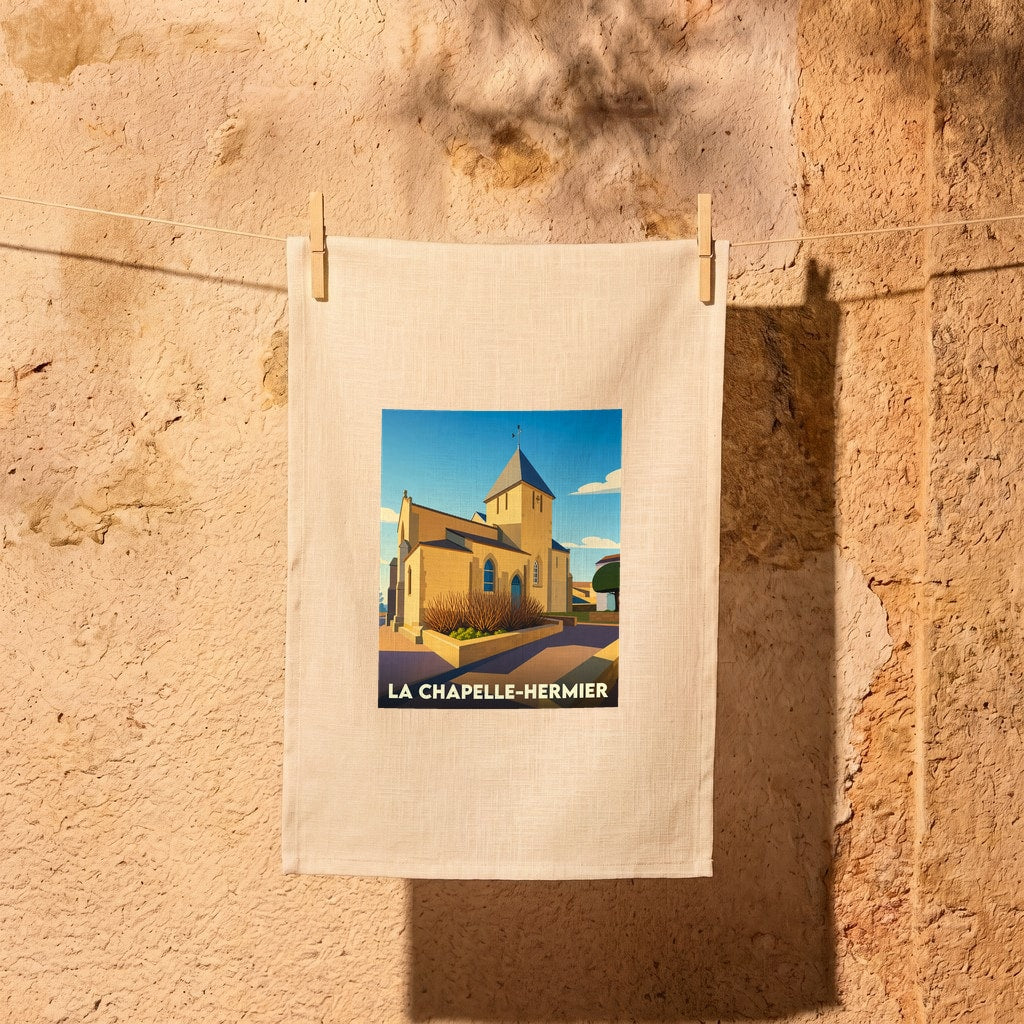 Torchon souvenir de la ville de La Chapelle-Hermier avec une illustration stylisée de son église.