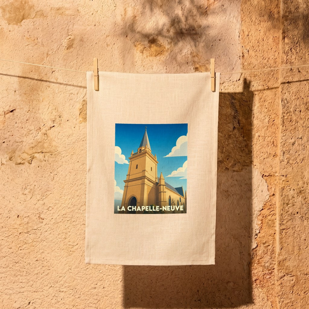Torchon souvenir de la ville de La Chapelle-Neuve avec une illustration stylisée de son église.