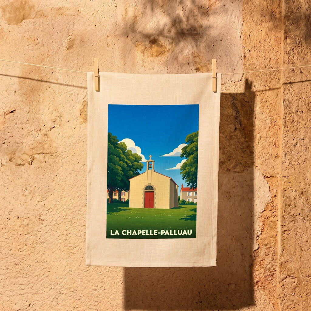 Torchon souvenir de la ville de La Chapelle-Palluau avec une illustration stylisée de sa chapelle.