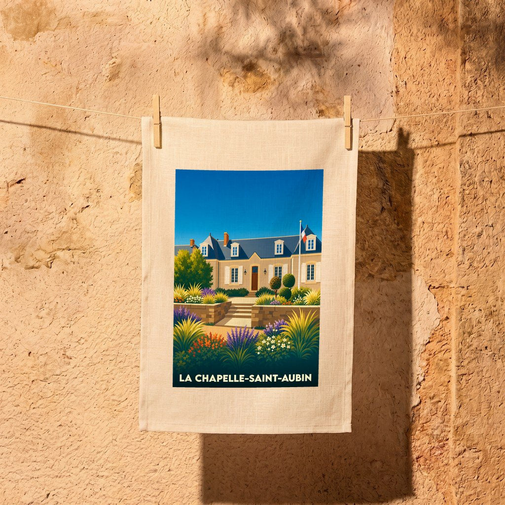 Torchon souvenir de la ville de La Chapelle-Saint-Aubin avec une illustration stylisée d'une bâtisse et de son jardin fleuri.