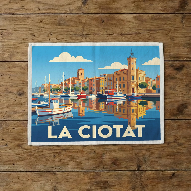 Torchon souvenir de la ville de La Ciotat avec une illustration stylisée de son port.