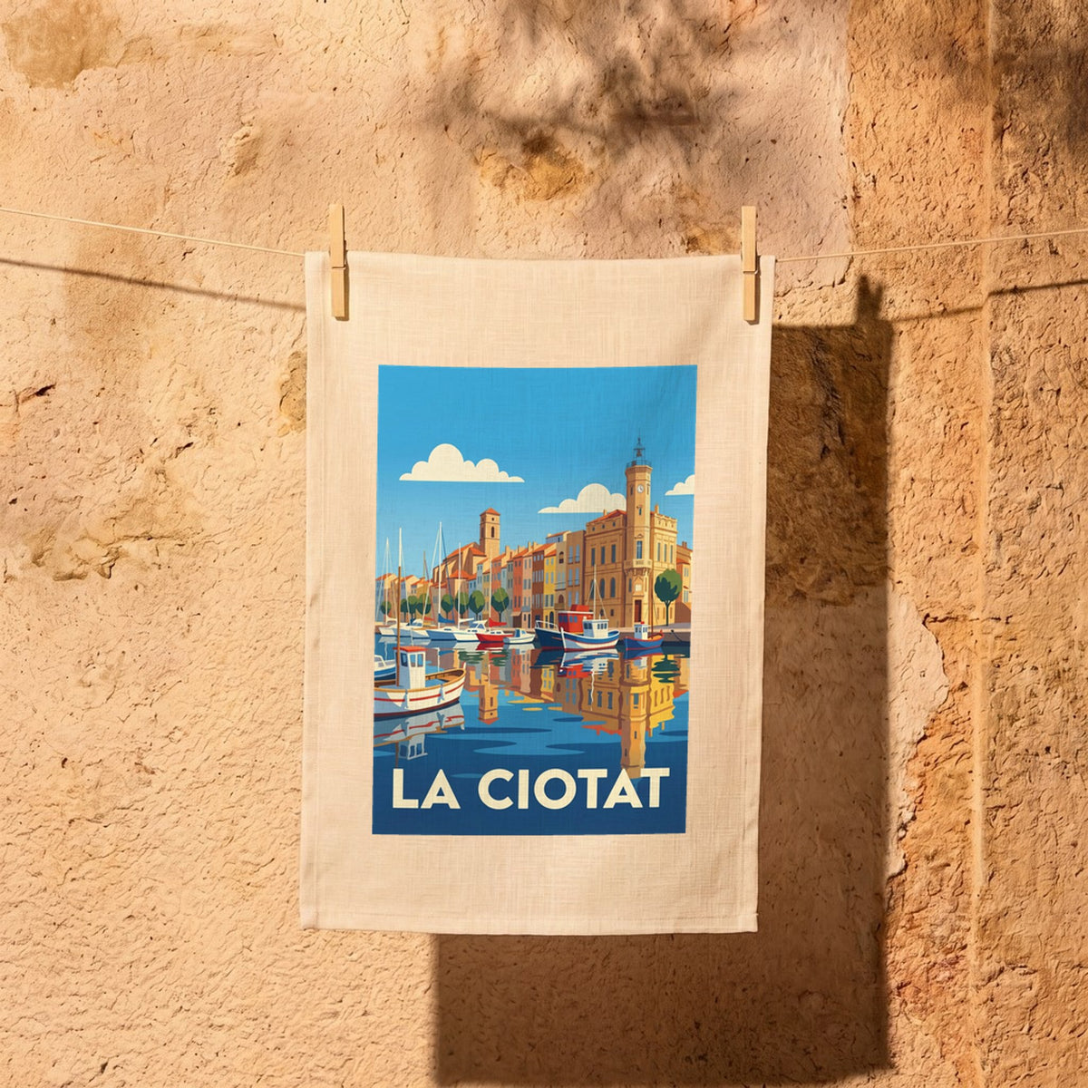 Torchon souvenir de la ville de La Ciotat avec une illustration stylisée de son port.
