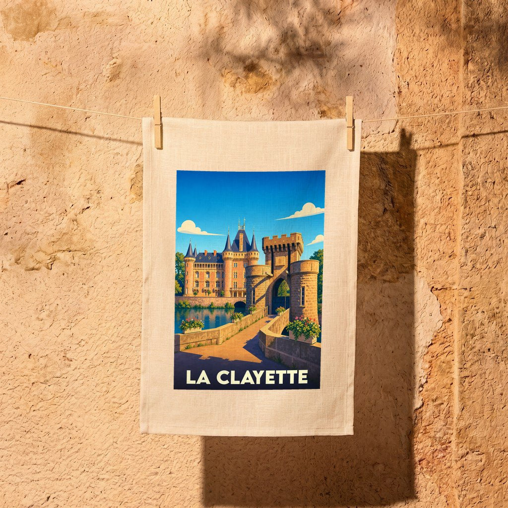 Torchon souvenir de la ville de La Clayette orné d'une illustration stylisée de son château.