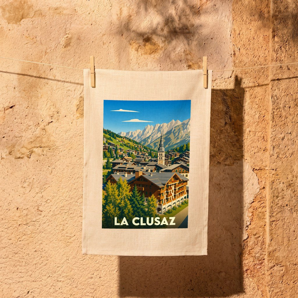 Torchon souvenir de la ville de La Clusaz illustré par un paysage de montagne stylisé.
