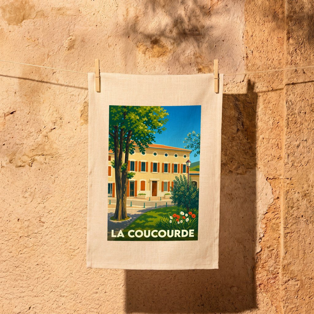 Torchon souvenir de la ville de La Coucourde orné d'une illustration stylisée de style affiche rétro.
